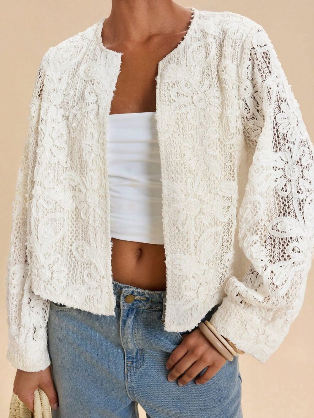 Apricot Casual Women's Floral Textured Long Sleeve Open Front Jacket